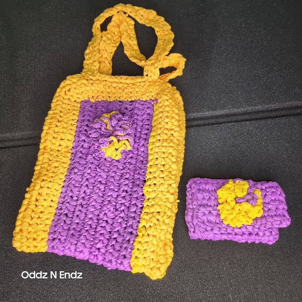 Crochet Plastic Tote Bag & Coin Purse Set With Flower Design